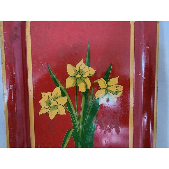 Vintage Red Metal Tray Mustard Yellow Daffodils Green Leaves 14" x 9" - Picture 10 of 12